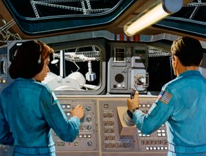In einer futuristischen Raumstation, um 1970er Jahre