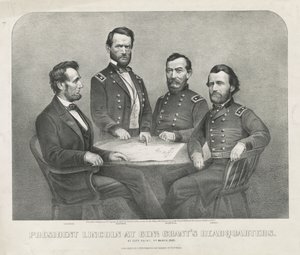 Präsident Lincoln im Hauptquartier von General Grant, ca. 1865 (Lithographie)