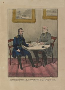 Kapitulierung von General Lee in Appomattox C.H. Va. am 9. April 1865 (Farblithographie)