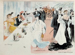 Im Nachtrestaurant. Pariser Bourgeoisie in Abendkleidung im Restaurant, Champagnerflaschen auf dem Tisch, ein Orchester spielt im Hintergrund. Zeichnung von Jehan Testevuide von Nagayama Koen
