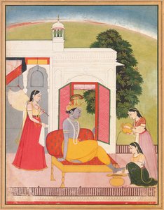 Krishnas Füße werden von Mägden gewaschen, Punjab Hills, Basohli, ca. 1780 von Nainsukh