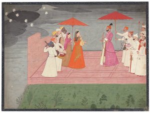 Musiker spielen eine Raga für Balwant Dev Singh während der Regenzeit, ca. 1745-50 von Nainsukh