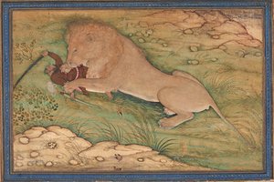 Gefahren der Jagd, ein Löwe stürzt sich auf einen Jäger, um 1615 von Nanha