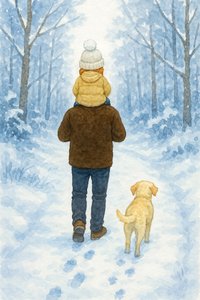 Kinderzimmer Winterspaziergang mit Papa und Hund im verschneiten Wald