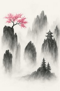 Japanische Berglandschaft mit Sakura-Baum und Tempel