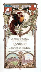 Hahn und Denkmäler, Bankettmenü des Republikanischen Komitees für Handel, Industrie und Landwirtschaft, angeboten am 22.11.1906 den Delegierten der Internationalen Handelsvereinigung der Stadt London von Nathan Weill