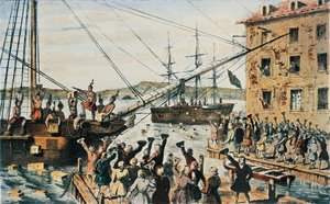 Boston Tea Party, englische Teekisten werden von Kolonisten im Hafen von Boston über Bord geworfen, 16. Dezember