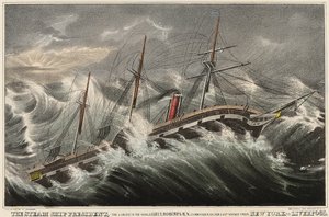 Das Dampfschiff President, das größte der Welt, kommandiert von Leutnant Roberts während seiner letzten Reise von New York (USA) nach Liverpool (England), im Sturm vom 12. März von Nathaniel Currier