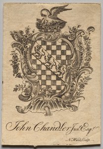 Exlibris: Wappen mit der Inschrift John Chandler Jun.r, Esq. von Nathaniel Hurd