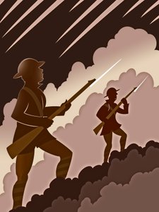 Soldaten des Ersten Weltkriegs mit Bajonetten - aus den Schützengräben auftauchend