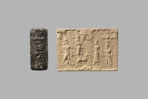 Zylindersiegel mit Skorpion-Mann und moderner Abdruck, ca. 8.–7. Jahrhundert v. Chr. (Quarz, kryptokristallin) von Neo Assyrian