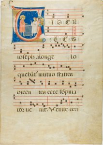 Joseph und seine Brüder am Brunnen, Initiale V aus einem Antiphonar von Neri da Rimini