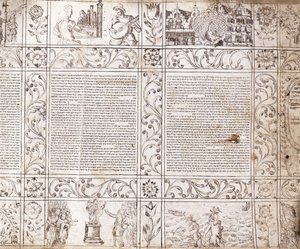 Illuminierte Handschrift in sephardischer Schrift, zeigt Szenen des niederländischen Lebens und der Bibel mit floralen Kartuschen, 17. Jahrhundert