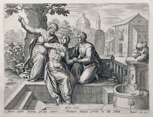 Susanna und die Ältesten, aus einer Serie, die Szenen aus der Bibel illustriert, veröffentlicht von Claes Jansz Visscher, ca. 1590 von Netherlandish School