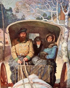 Die Familie Fraser warm angezogen in der Pferdekutsche
