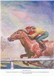 Das Pferderennen: Fluchend und wie ein Verrückter peitschend zog der scharlachrote Jockey in der Kurve auf, hing Knie an Knie und überholte ihn