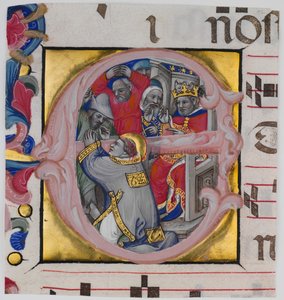 Manuskript-Illumination mit dem Martyrium des Heiligen Stephanus in einem Initial E