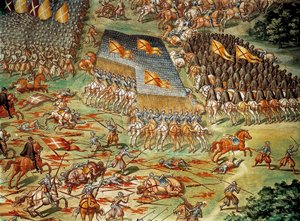 Die Schlacht von St. Quentin, die 1557 den Sieg der Spanier über die Franzosen während der Italienischen Kriege sah, Detail mit Kavallerieangriff
