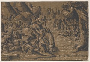 Cloelia, die römische Heldin, in der Mitte, die auf ein Pferd geholfen wird, Rom im Hintergrund..., 1540-50 von Niccolo Vicentino