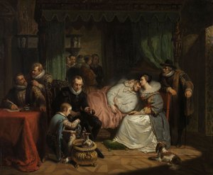 Prinz Wilhelm I. wird von seiner Frau Charlotte de Bourbon nach dem missglückten Attentat von Jean Jaurequi in Antwerpen 1582 gepflegt von Nicholas Pieneman