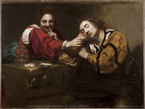 Wahrsageszene (Schläfer von einer jungen Frau geweckt), von Niccolo Renieri von Nicholas Renieri