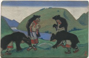 Älteste in Bärenfellen, Dekor und Kostümentwurf für Strawinskys Ballett "Le Sacre du Printemps" von Nicholas Roerich