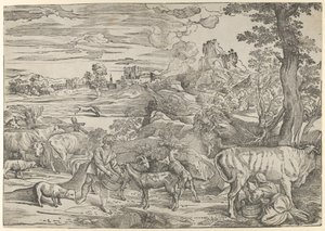 Landschaft mit Milchmädchen rechts und Junge links, ca. 1535-40 von Nicolò Boldrini