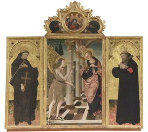 Verkündigung zwischen den Heiligen Giovanni Gualberto und Benedetto, ca. 1500-05 (Triptychon auf Tafel)