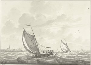 Schiff unter Segel auf der Maas, in der Ferne die Dörfer Oud und Nieuw Beijerland
