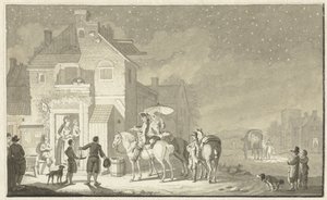 Reisegesellschaft vor einem Gasthaus am Abend von Nicolaes Aartman