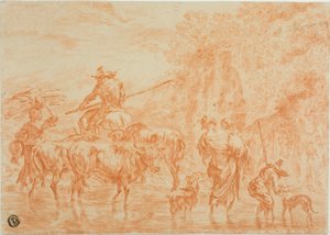 Bauern und Vieh überqueren eine Furt von Nicolaes Berchem