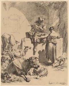 Der Hirte sitzt auf einem Brunnen und die Spinnerin von Nicolaes Berchem