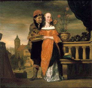 Ein Mann hält einer Frau eine Nelke an die Nase: Eine Allegorie des Geruchssinns von Nicolaes Maes