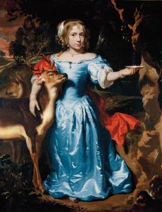 Porträt eines Mädchens in voller Länge als Granida, in einem blauen Seidenkleid und rotem Mantel, ihre linke Hand fängt Wasser in einer Muschel von einer Quelle, ihre rechte Hand um einen Hirsch von Nicolaes Maes