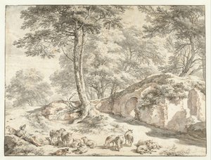 Hirte mit Schafen bei einer Ruine zwischen Bäumen von Nicolaes Pietersz Berchem