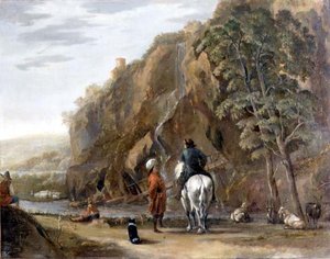 Italienische Landschaft mit Figuren und einem Pferd auf einer Straße von Nicolaes Pietersz. Berchem