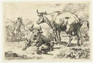 Liegende und eine pissende Kuh von Nicolaes Pietersz Berchem