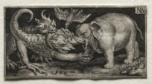 Elefant kämpft gegen zwei Bestien, 1594 von Nicolaes de Bruyn