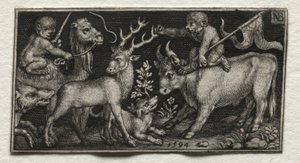 Affen reiten auf einem Kamel und einem Stier, 1594