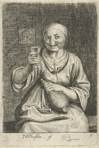 Alte Frau mit Glas und Krug