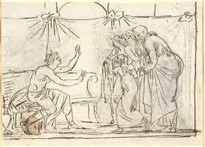 Antike Szene. Ein sitzender gekrönter Held spricht zu einer Gruppe von vier Figuren, darunter ein kleines Mädchen und ein alter Mann von Nicolai Abildgaard