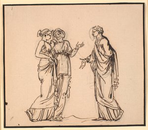 Antike Szene mit drei Figuren, ein Mann spricht mit zwei Frauen von Nicolai Abildgaard