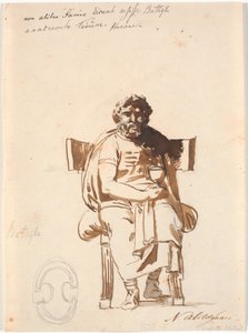 Batyllus, Schauspieler zur Zeit des Augustus, sitzend in einem schweren antiken Stuhl, en face, mit einem Becher in der Hand von Nicolai Abildgaard