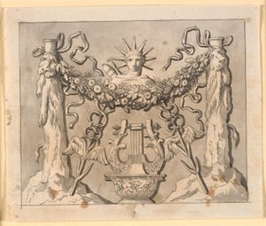 Dekorative Komposition mit Herakles-Säulen, Apollos Kopf und verschiedenen Attributen
