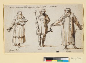 Kostümstudien. Vermutlich für das Theater. Drei Figuren, ein Priester von Herta, ein König und ein Barde