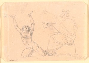 Ein Mann in Toga sitzt mit einer Laterne in der linken Hand, links von ihm kniet ein nackter Mann mit erhobenen Armen von Nicolai Abildgaard