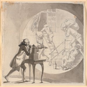 Ein Mann mit einer Laterna Magica zeigt einen Diebstahl, der vor der Nase des schlafenden Wächters stattfindet von Nicolai Abildgaard