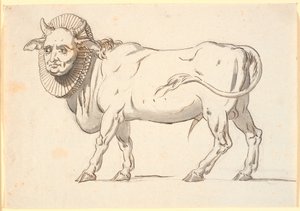 Karikatur einer geistlichen Person, in Gestalt eines Stiers mit Menschengesicht und Halskrause