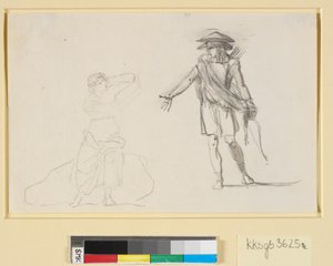Szene zwischen zwei Figuren. Links eine sitzende Frau mit entblößtem Oberkörper, rechts ein gehender Mann mit Bogen und Köcher von Nicolai Abildgaard