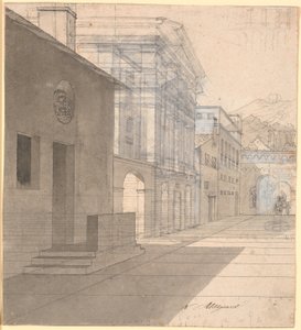 Perspektivische Studie zur Architektur im Bild der Hebamme, die das Haus der Androspigen verlässt von Nicolai Abildgaard